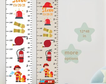 May include: A red and white firefighter themed growth chart with a fire truck, fire hydrant, fire hose, and fire extinguisher. The chart is labeled in inches and centimeters. The chart is personalized with the name "Steve" and the date "07/21/21".
