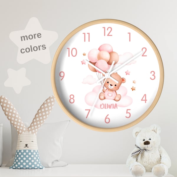 Personalized Wooden Teddy Bear Nursery Clock | Modern Wall Decor for Kids Room 1 Year Old Girl Gift baby shower Nursery Decor Girl newborn