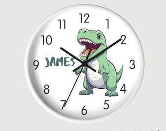 Personalized Clock Dino Wall Decor Dinosaur Nursery Clock Tyrannosaurus Rex for 2 Year Old Boy 3 Year Dino Kids Clock Dino Christmas Gift