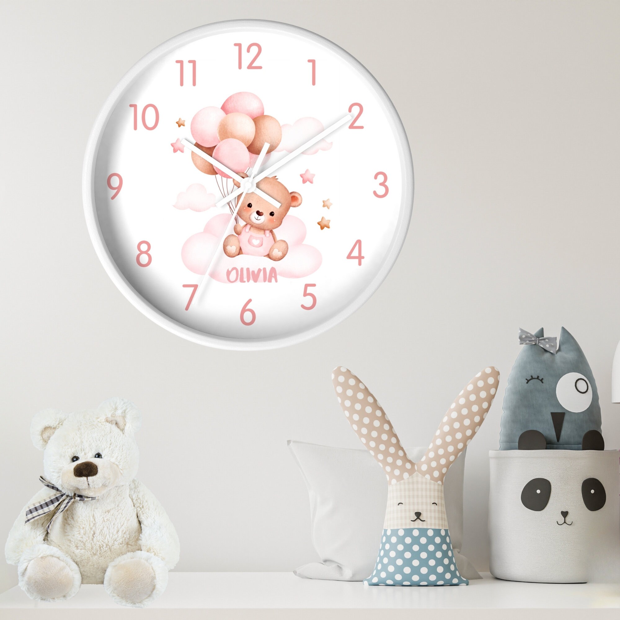 Personalized Wooden Teddy Bear Nursery Clock Modern Wall Decor for Kids ...