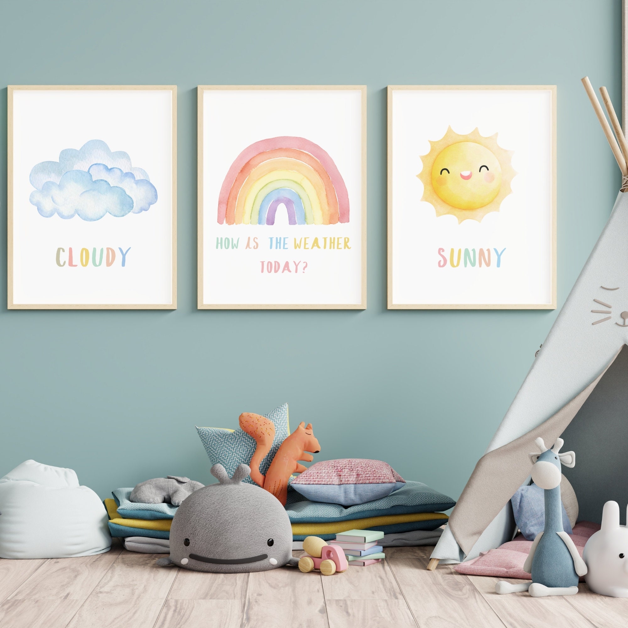 Rainbow Wall Art Set of 3 Digital Downloads for Kids Watercolor Sun ...