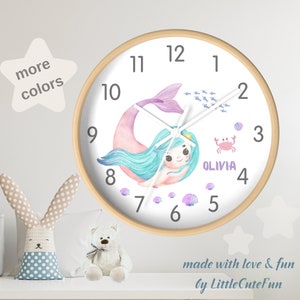 Personalized Clock Little Mermaid Wall Decor Mermaid Nursery Clock for 2 Year Old Girl 3 Year Birthday Mermaid Wall Clock Christmas Gift