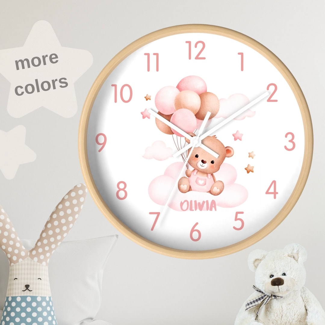 Personalized Wooden Teddy Bear Nursery Clock | Modern Wall Decor for ...