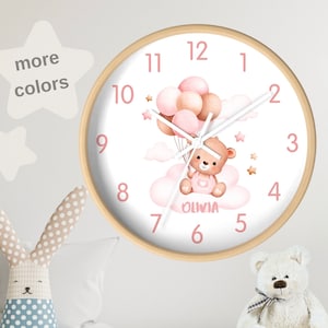 Personalized Wooden Teddy Bear Nursery Clock | Modern Wall Decor for Kids Room 1 Year Old Girl Gift baby shower Nursery Decor Girl newborn