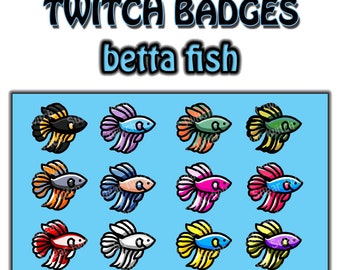 Betta Fish Twitch Sub Badges/Bit Badges, 12 Stück bunte Betta Splendes Emotes