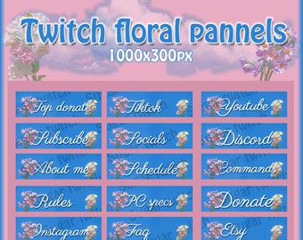 Simple Sky With Floral Flower Motives Twitch Panels 15pcs and Starting soon/brb/offline screen 3pcs
