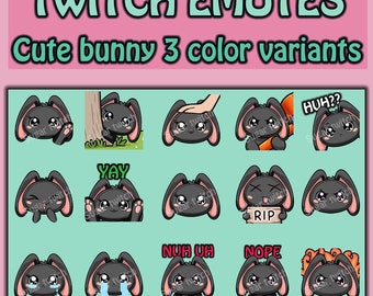 Cute kawaii lop bunny rabbit emotes for twitch,youtube,kick, 1 of 3 variants-BLACK (white,brown) 12 unique emotes with 3 extra variant emote