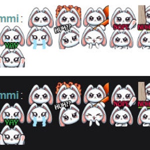 Cute kawaii lop bunny rabbit emotes for twitch,youtube,kick, 1 of 3 variants-WHITE black,brown 12 unique emotes with 3 extra variant emote zdjęcie 3