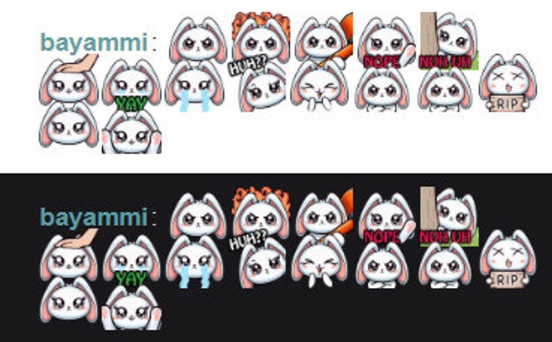 Cute kawaii lop bunny rabbit emotes for twitch,youtube,kick, 1 of 3 variants-WHITE black,brown 12 unique emotes with 3 extra variant emote zdjęcie 3