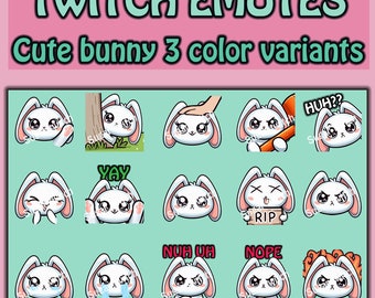 Cute kawaii lop bunny rabbit emotes for twitch,youtube,kick, 1 of 3 variants-WHITE (black,brown) 12 unique emotes with 3 extra variant emote