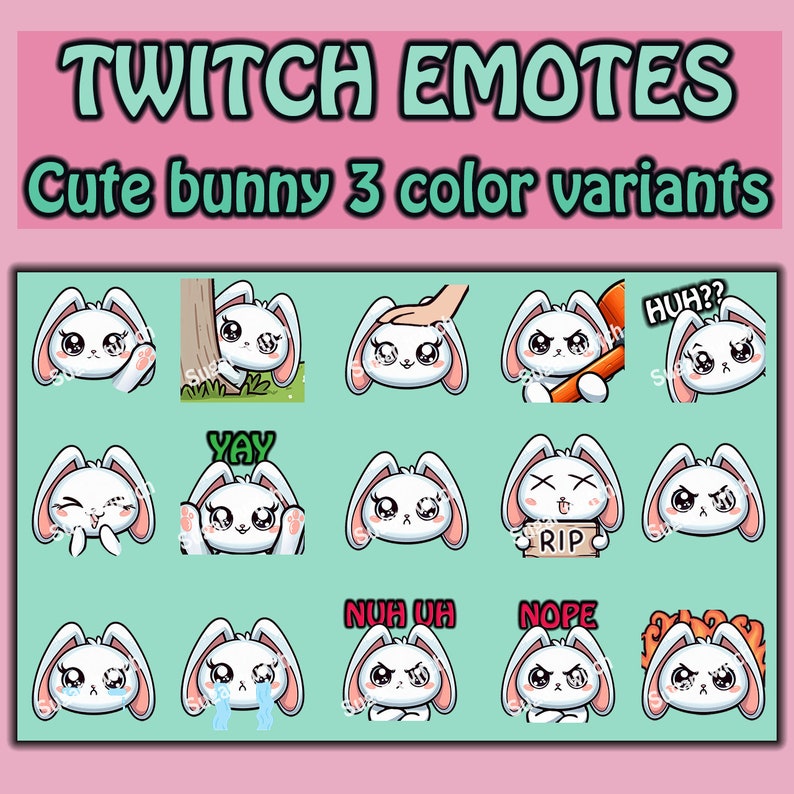 Cute kawaii lop bunny rabbit emotes for twitch,youtube,kick, 1 of 3 variants-WHITE black,brown 12 unique emotes with 3 extra variant emote zdjęcie 1