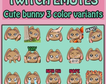 Cute kawaii lop bunny rabbit emotes for twitch,youtube,kick, 1 of 3 variants-BROWN (white,black) 12 unique emotes with 3 extra variant emote