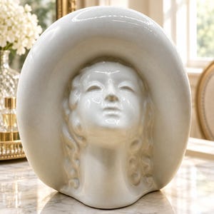 May include: A glossy white ceramic head planter featuring a stylized face with closed eyes and wavy hair, framed by a wide, rounded brim hat. The sculpture has a smooth, reflective finish and a curved base, presenting a monochromatic aesthetic.