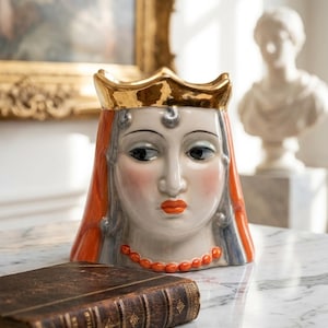 Vintage Italian Head Vase, Ronzan Queen Crown, Mid-Century Ceramic Brevetto Mark