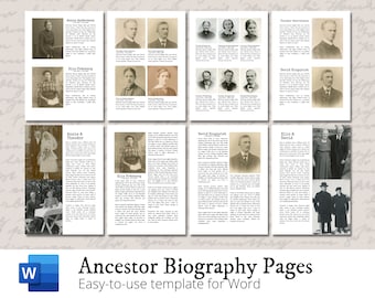 May include: A Word document template for creating ancestor biography pages. The template includes space for a photo and text about the ancestor. The text "Ancestor Biography Pages" and "Easy-to-use template for Word" is displayed at the bottom of the page.