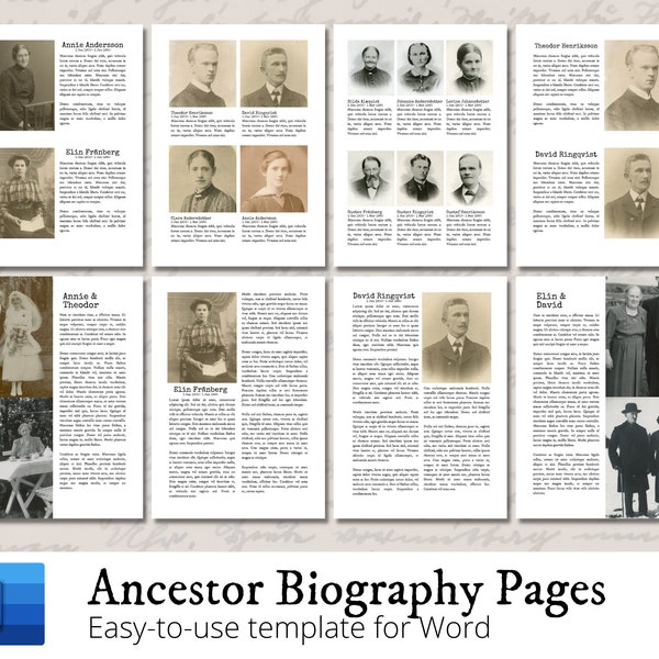 Ancestor Biography Pages Template A4 size - Genealogy, Family History - Printable Genealogy - Word Template for PC, Mac, iPad.