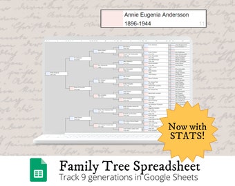 May include: A laptop computer displaying a family tree spreadsheet with the text "Now with STATS!" and the title "Family Tree Spreadsheet Track 9 generations in Google Sheets".