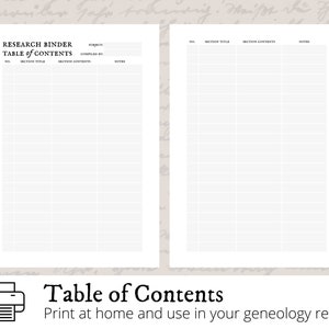 Puede incluir: Una plantilla de tabla de contenido imprimible para una carpeta de investigación. La plantilla tiene columnas para el número de sección, el título, el contenido y las notas. El texto "RESEARCH BINDER TABLE of CONTENTS" está en la parte superior de la página.