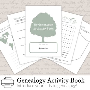 Libro de actividades de genealogía para niños - PDF imprimible - Historia familiar, preguntas de entrevistas de genealogía y más.