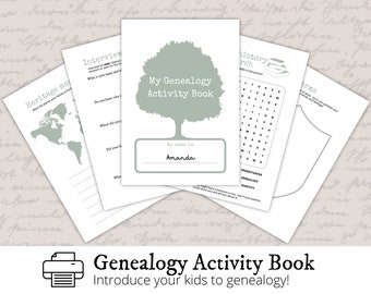 May include: A printable genealogy activity book for kids. The cover features a green tree with the title "My Genealogy Activity Book".