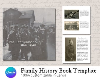 Könnte beinhalten: Ein Schwarzweißfoto einer Gruppe von Menschen, die vor einem Gebäude stehen. Das Foto trägt den Titel "The Henrikssons 1825-2025". Das Foto ist Teil einer Familienstammbaum-Buchvorlage.