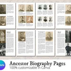Plantillas de páginas de biografía de antepasados en tamaño A4 y carta - Genealogía, historia familiar - Genealogía imprimible - Plantilla Canva para PC, Mac, iPad.