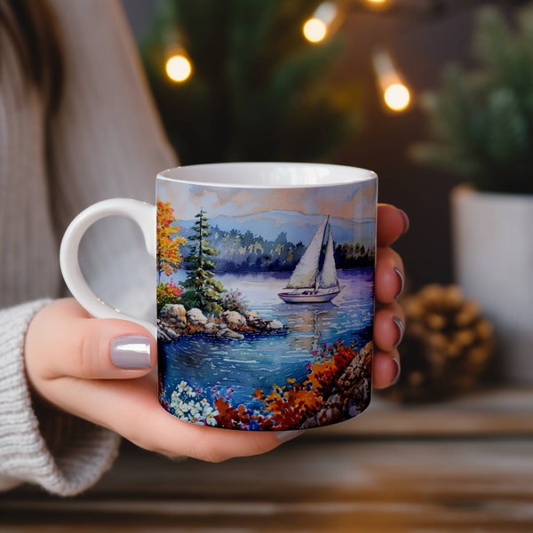 Graphic Mug Nature Inspired Mug Lake Mug Lakefront Gift Nature Lover Gift Vacation Home Gift Water Color Mug Watercolor Ceramic Mug 15oz