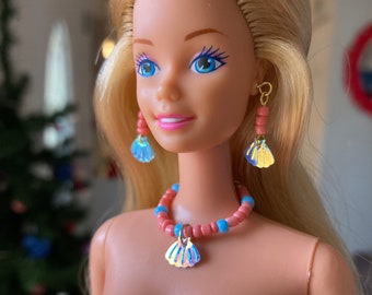 Handmade Doll Earrings - Mermaid Jewelry Set for Barbie Dolls/ Ocean Beach Sea Shell Elements