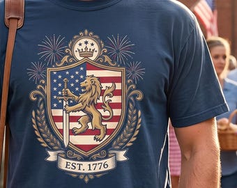 Camelot Lion Crest Shirt July 4th Tee Patriotic Heraldic Lion Sword Shield Medieval Americana T Shirt Mythic Independence Top