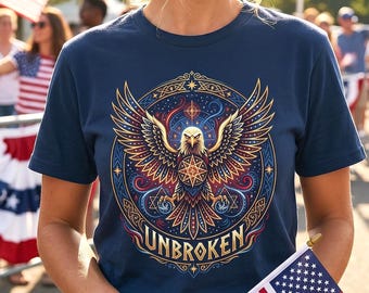 Independence Day Unbroken Fantasy Eagle T Shirt Patriotic Mythic Americana Tee Fourth of July Shirt Cosmic Guardian Eagle Art