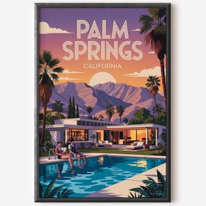 Palm Springs Travel Poster Modern Home at Sunset – Art Deco Digital Download, Airbnb VRBO Decor