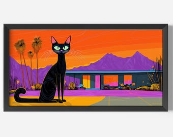 Palm Springs Black Cat Art Print: Mid-Century Modern Sunset (Digital Download)