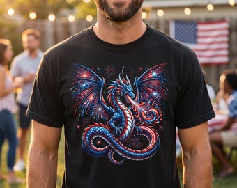 Patriotic Dragon Shirt July 4th Tee Fireworks Dragon Art Red White Blue Fantasy T Shirt Comfort Colors Mythic Americana Independence Day Top