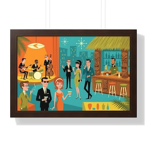 May include: A framed wall art print featuring a mid-century style illustration of a social gathering at a tiki bar. The scene depicts a jazz band on a stage, people holding cocktails, and a bartender behind a wooden bar with carved tiki totems.