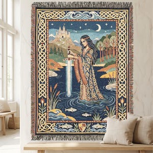 Lady of the Lake Woven Blanket | Arthurian Sword Maiden Tapestry Throw | Celtic Border | Camelot Castle