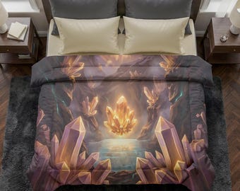 Crystal Cavern Comforter | Glowing Crystal Cave Bedding | Warm Golden Fantasy Decor | Cozy Soft Bed Set | King Queen Twin | Boutique Bedding