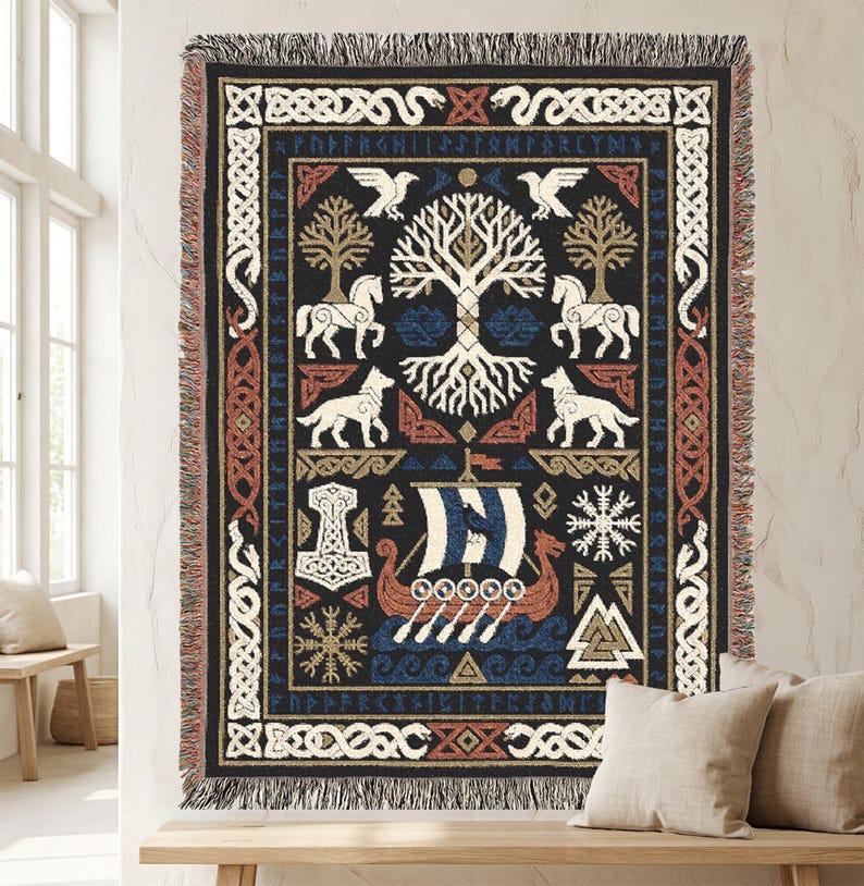 Norse Yggdrasil Woven Blanket | Viking Mythology Tapestry Throw | Elder ...