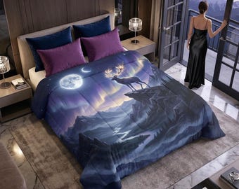 Celestial Stag Comforter | Fantasy Bedding | Two Moons & Aurora Night Sky | Mythic Guardian Decor | King Queen Twin Sizes