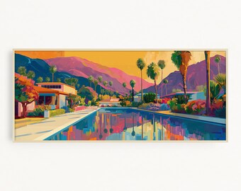 Palm Springs Digital Wall Art, "Palm Reflections," Palm Springs, California, panoramic, modern art, vivid, Mid-Century modern, DOWNLOAD ONLY