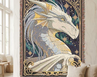 Draco Aurora Woven Blanket Celestial Dragon Tapestry Throw Fantasy Art Dragon Decor Mythic Guardian Wall Hanging Cotton Woven Throw
