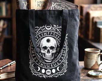 Gothic Skull School Tote Bag Moon Phases Occult Runes Witchy Halloween Celtic Dark Academia