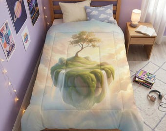 Floating Island Comforter | Dreamy Fantasy Bedding | Surreal Cloudscape Bed Set | King Queen Twin Sizes | Cozy Soft Premium Comforter