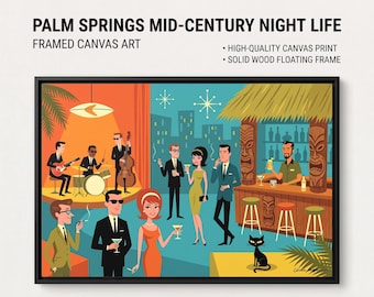 Palm Springs Mid Century Nightlife Vintage MCM Cocktail Lounge Framed Canvas Retro Bar Art Decor