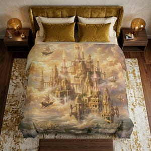 May include: A bed with a gold velvet headboard, gold pillows, and a comforter featuring a fantasy castle scene with ships sailing through the clouds. The color palette includes gold, beige, and cream.