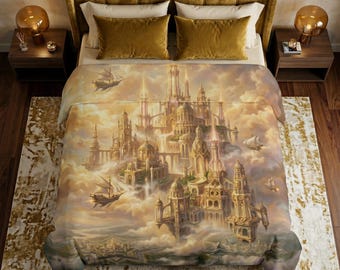 Golden Tartaria Floating City Comforter | Ancient Futurist Fantasy Bedding | Warm Dreamy Cloudscape | King Queen Twin | Cozy Soft Bed Set