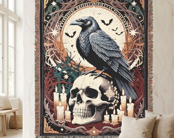 Woven Raven Skull Blanket | Gothic Halloween Tapestry Throw, Dark Fantasy Moon Art