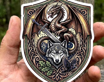 Dragon Wolf Raven Crest Sticker Medieval Heraldic Emblem Fantasy Shield Vinyl Decal
