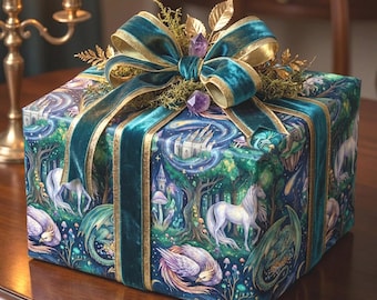 Enchanted Forest Wrapping Paper: Fantasy Unicorn, Dragon, Phoenix Castle Pattern (3 Sizes)