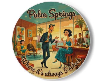 Palm Springs retro lounge scene Ceramic Coaster | Mid century vintage bar artwork