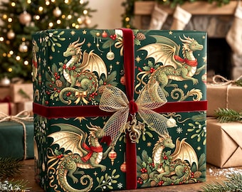 Fantasy Dragon Christmas Wrapping Paper – Green Gold Festive Wrap